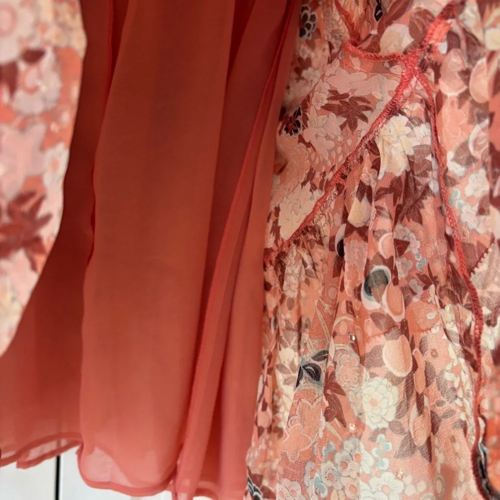 Ulla‎ Johnson Tamara Dress Silk Mini Metallic Floral Print Coral Size 2 Tiered